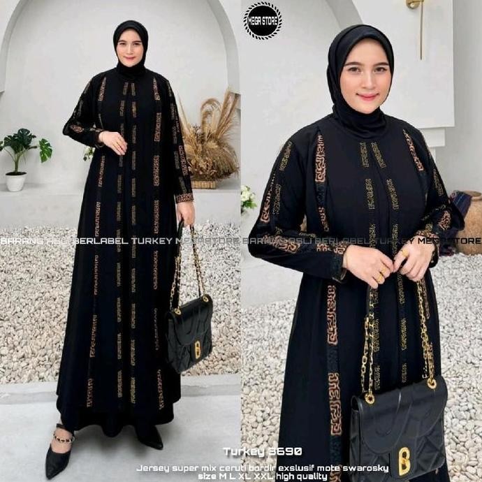 DE16 - GAMIS ABAYA TURKEY AULIA BORDIR HITAM KOMBINASI