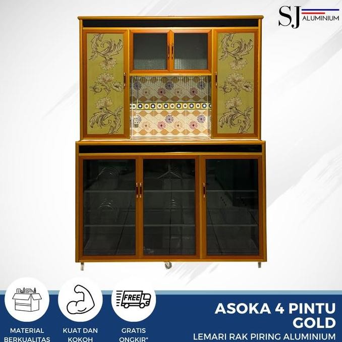 Rak Piring Lemari Dapur Kaca Aluminium - Asoka 4 Pintu Gold