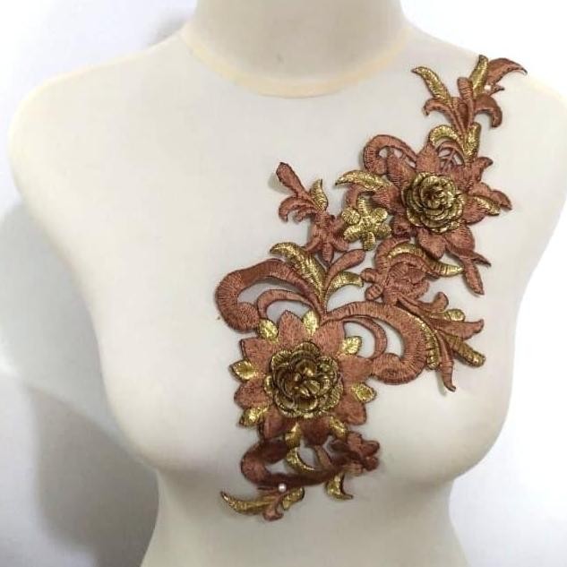 

^%^%^%^%] Renda Aplikasi Bordir Tabur / Patch Bordir Bunga Rosa Coklat Tua-Emas