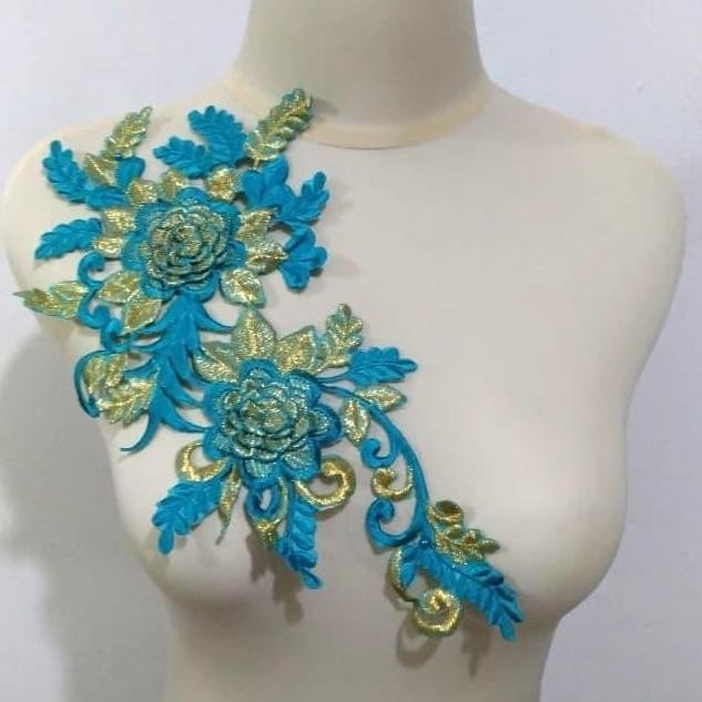 

\"\"\"\] Renda Aplikasi Bordir Bunga 2 Warna (Biru Toska-Emas)