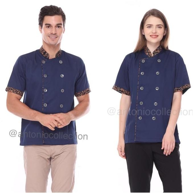 Baju Koki / Chef Jacket Biru Dongker Lis Batik Unisex Lengan Pendek