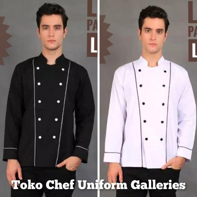 Chef Uniform Seragam Koki Lengan Panjang List Hitam Premium Quality
