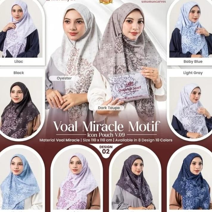Paket Isi 10 Pics Random Jilbab Segi Empat Motif Umama Pouch Voal Miracle Logo Um Swarovski