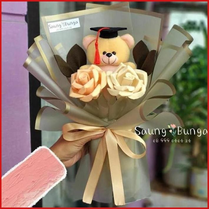 BUKET BUNGA MAWAR FLANEL 2 TANGKAI BONEKA WISUDA SIDANG HADIAH GIFT