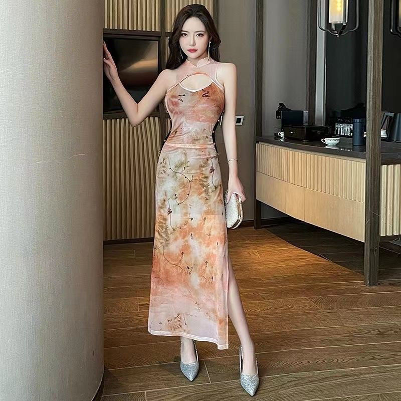 New Improved Version Printed Cheongsam Dress Sexy Slimming Long Dress