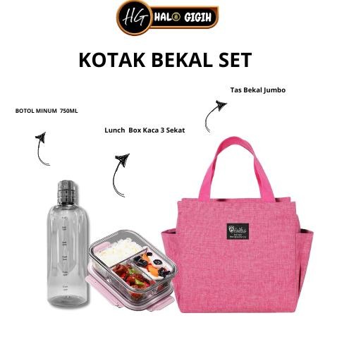 Kotak Makan Set 3in1 Lunch Box Kaca  Kotak Makan Dengan Tas Bekal Jumbo