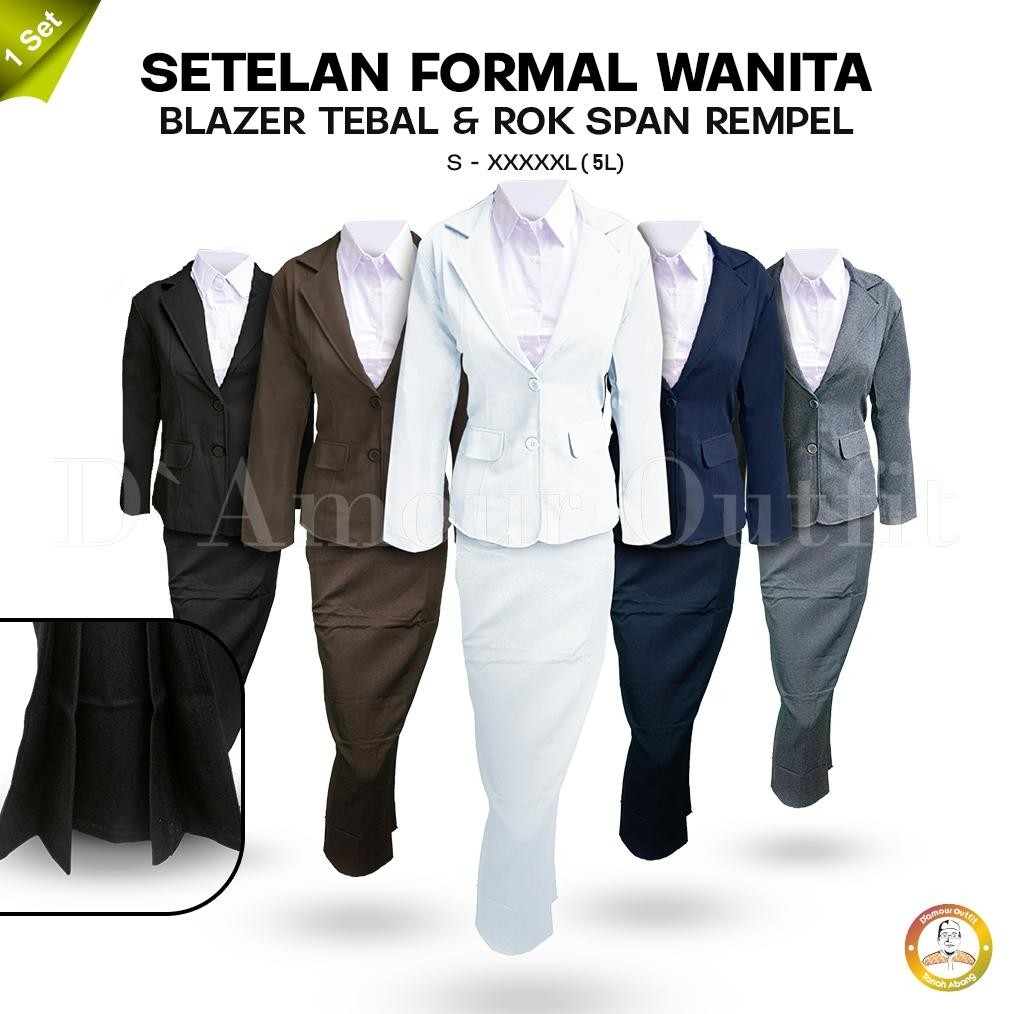 One Set Jas Blazer Rok Kipas Panjang Wanita Setelan Jas Kerja Rok Rempel Kantor Cewe Polos Dewasa An
