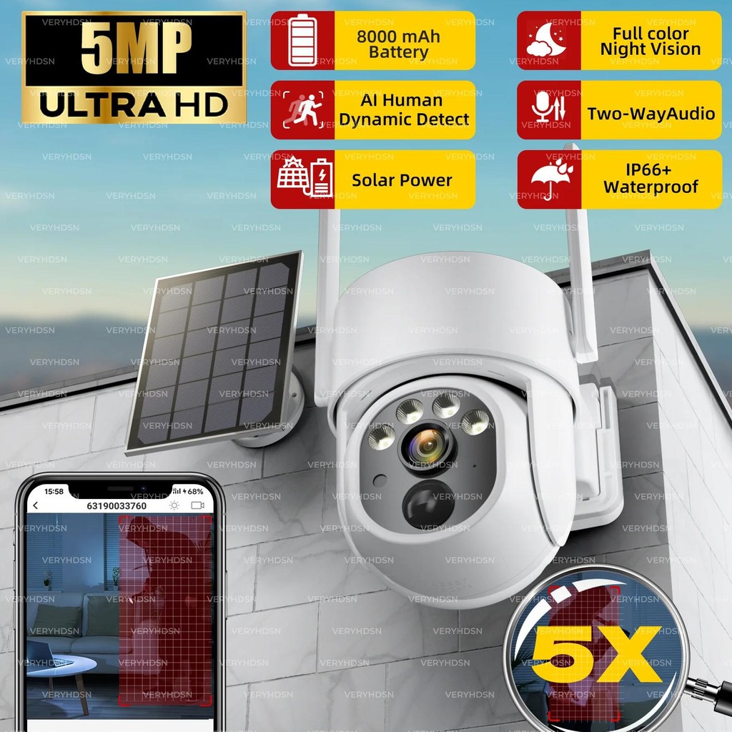 5MP IP Solar Power WiFi Camera PTZ Outdoor IP66 Waterproof 8000mAh Built-in Battery Surveillance Cam