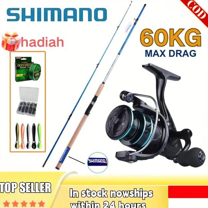 Shimano Set Pancing Lengkap Joran 2 Bagian Portable & Reel Berputar Cocok Pancing Laut Alat Umpan Ro