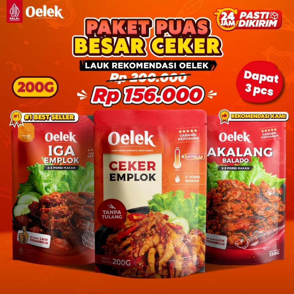 

READY STOK Oelek Paket Puas Besar Ceker Emplok + Iga Emplok + Cakalang Balado / Makanan Siap Saji / Lauk Siap Saji Instant Siap kirim