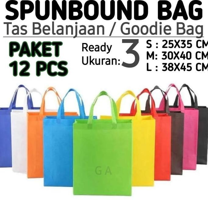 

DF47 }} [ Paket 12 Pcs ] Spunbond Goodie Bag Warna Tas Belanja Model Tali Handle Kantong Kain Tote Wanita Totebag Perempuan
