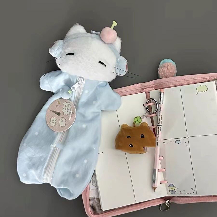 

Cherry Earphone Cat Milk Blue Plush Pencil Bag Girl Heart Cute Sweetheart Pencil Case Stationery Case