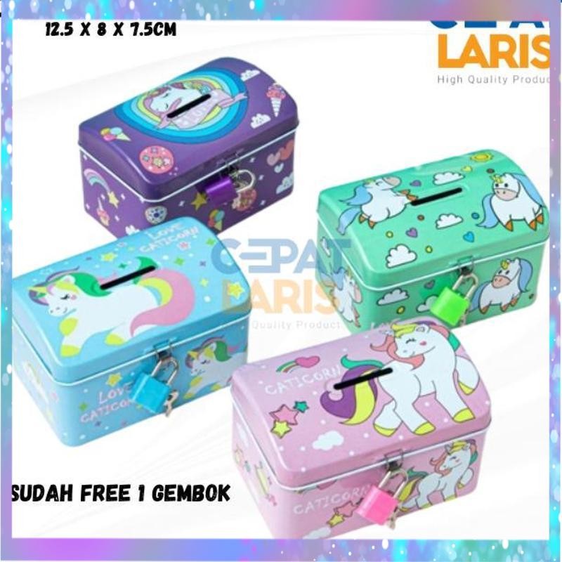 Diskon Celengan Kaleng Kunci Saving Box Tempat Penyimpanan Uang Motif Unicorn Celengan Gembok Mini A