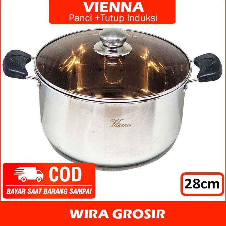Vienna Panci Stainless Tebal +Tutup Kaca 28cm (bisa untuk kompor listrik induksi) | Casserole Sup