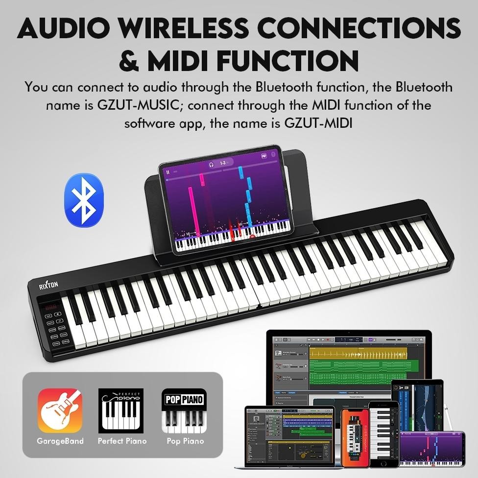 Rixton Portable Digital Piano 88/61 Keys Foldable Piano Keyboard Electric Keyboard Bluetooth Connect