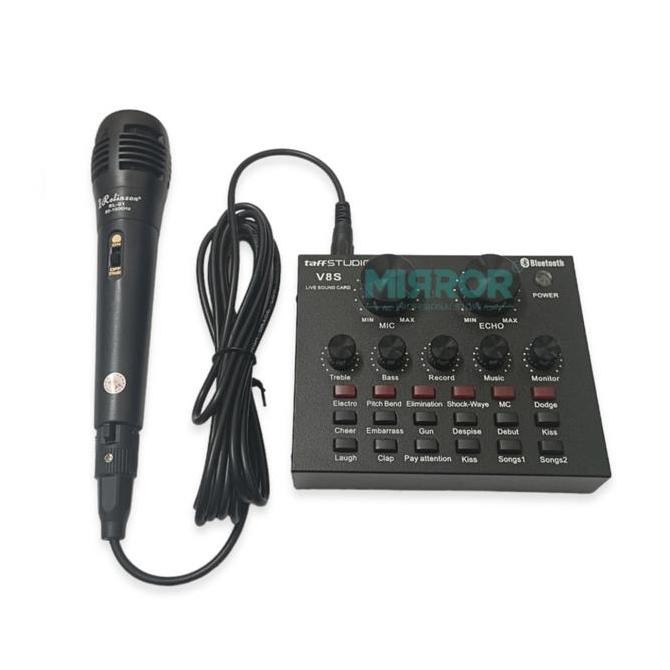 DF365>> Satu Paket Alat Karaoke Mixer Mini Soundcard Bluetooth V8S & 2 Mic Gratis Spliter