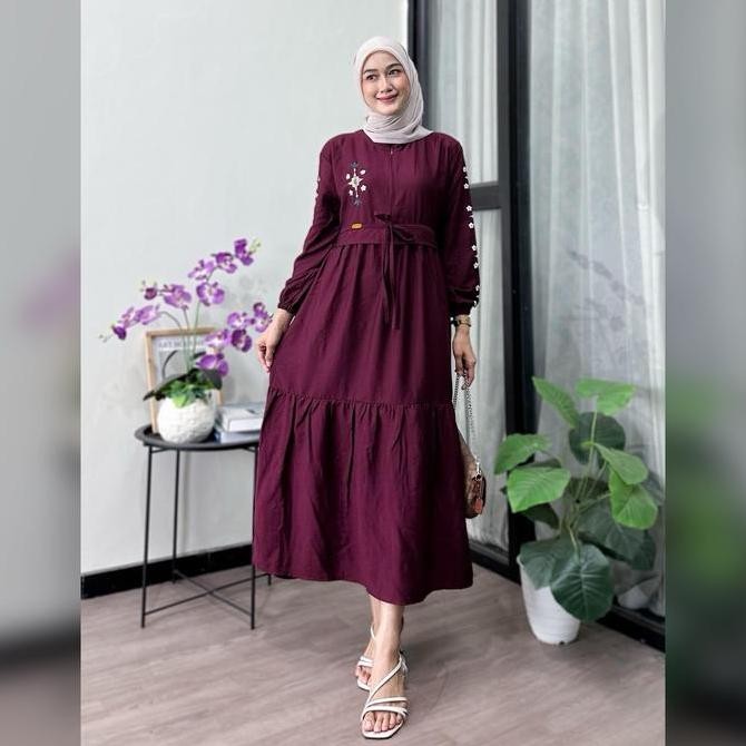 Arni Busana - Shakira Midi Dress Bahan Pololinen Motif Bordir Bunga Model simple Cantik Nyaman Dress