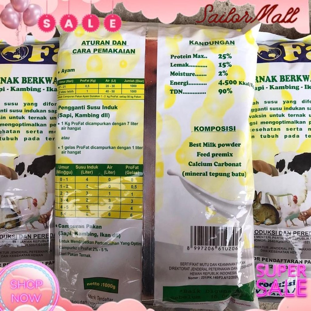 Promo PROFAT 1 KG SUSU FORMULA HEWAN Pengganti susu Indukan hewan ternak sapi,kuda,kelinci,ayam,ikan