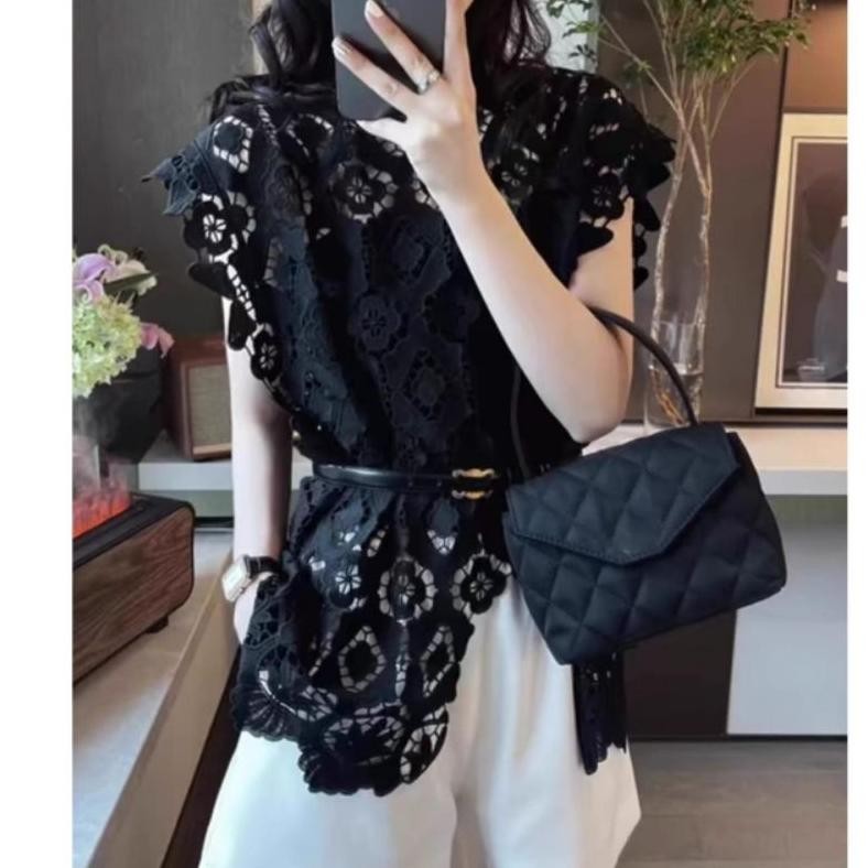 2194 Baju atasan blouse MEZALINA ASYMMETRIC LACE TOP BROKAT VNECK hitam putih polos Korean style wan