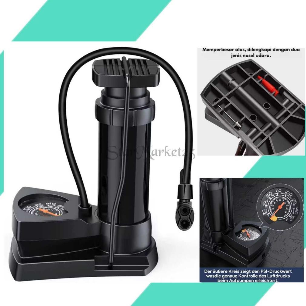 Pompa Angin Injak Kaki Manual Sepeda Motor Mobil - Spidometer Pompa Injak Portable