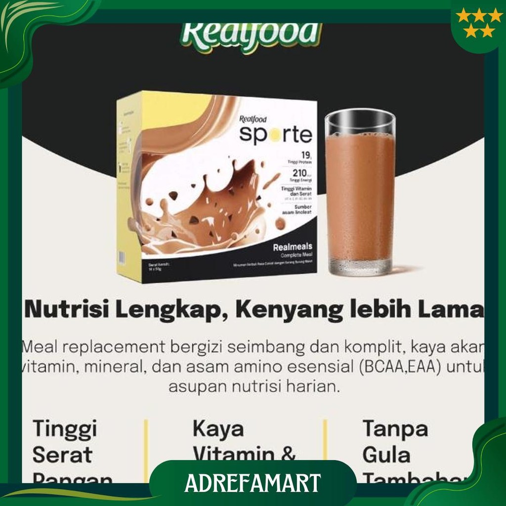 

Realfood Sporte Realmeals Cokelat Sereal Minuman Tinggi Protein Original 1 Sachet 6 Sachet Promo