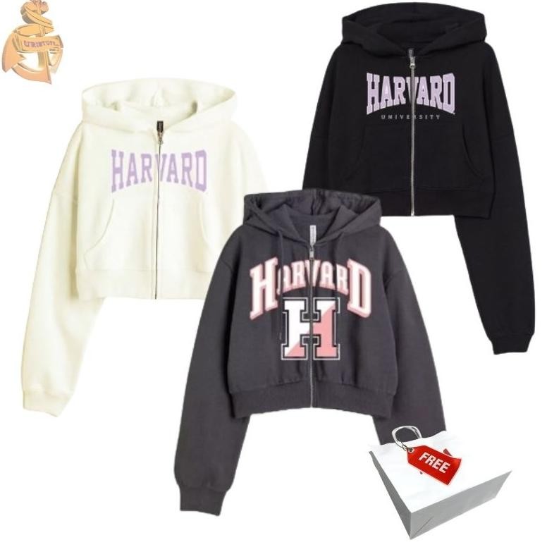 Hm Zipper Crop Hoodie Harvard Cewek Wanita Full Tag Free Paper Bag