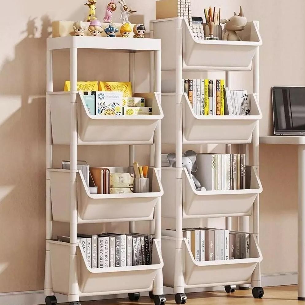 Rak Susun Penyimpanan Terbuka Serbaguna Rak Trolley Susun Dengan Roda Rak Buku