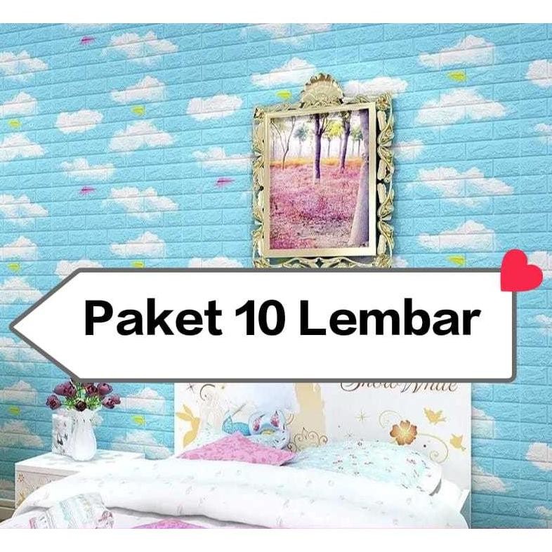 ROMO PAKET 10 LEMBAR Wallpaper Dinding 3D Foam MOTIF Bata Awan Biru 70 x 77cm