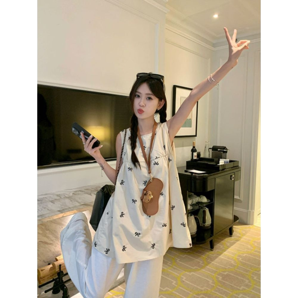 Kemeja rompi tanpa lengan pita gaya Korea untuk wanita