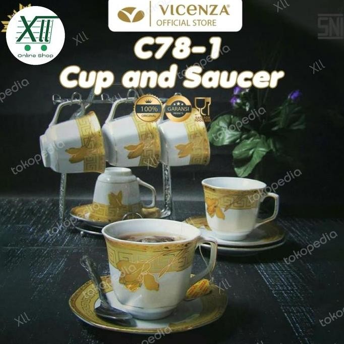Vicenza C~78~1 Tea Cup Saucers Set 13 Pcs Cangkir & Tatak + Rak