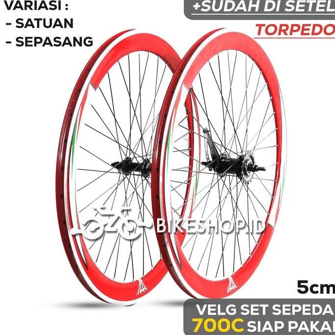 Velg Set Sepeda 700C 5CM MERAH BELAKANG TORPEDO / DEPAN Alloy Rims Roda Siap Jadi Fixie Balap Road B