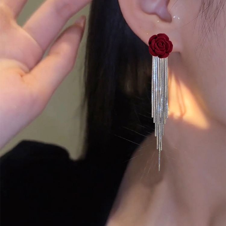 Anting-anting Rumbai Panjang Bunga Merah Berkualitas Tinggi Anting Vintage