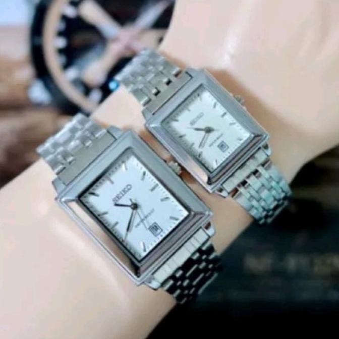 BEBAS ONGKIR - Jam Tangan Seiko Segi kotak Couple Tanggal Aktif Rantai Stainless