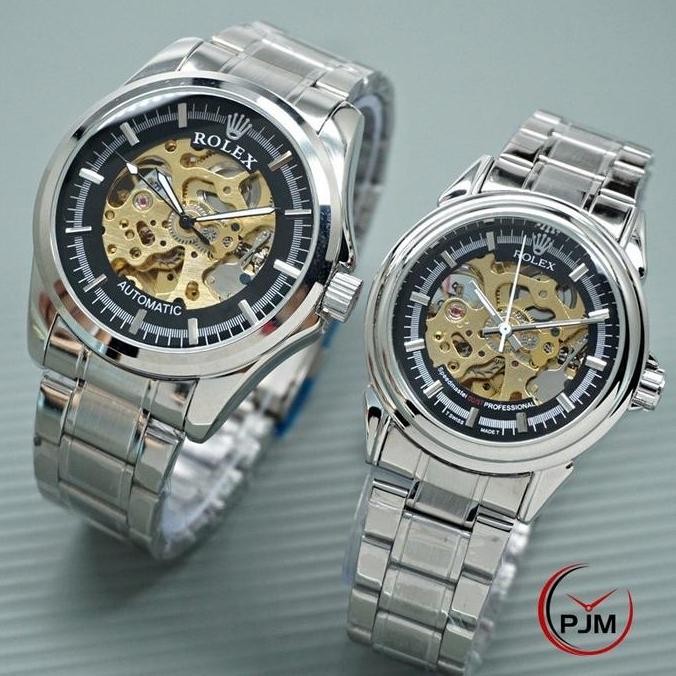 Jam tangan couple rantai balok automatic transparan otomatis