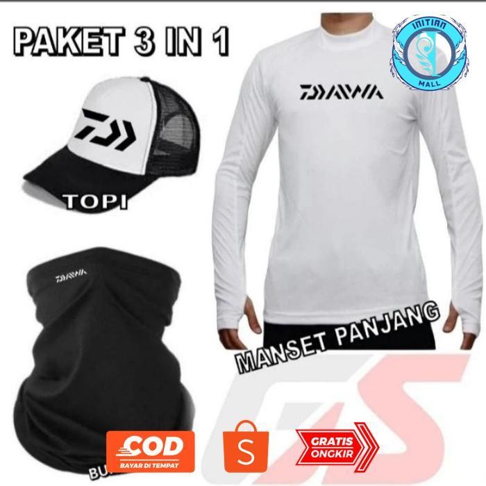 iQ45 gf-5 Paket hemat 3 in 1 Lengkap Topi Mancing, Buff Masker Mancing Dan Jersey Daiwa super murah 