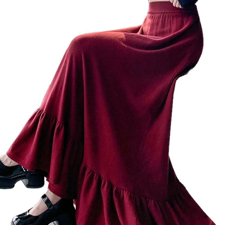 Rok Midi Retro Prancis untuk Wanita Gaya Korea Rok Panjang Berlipit Berkerut