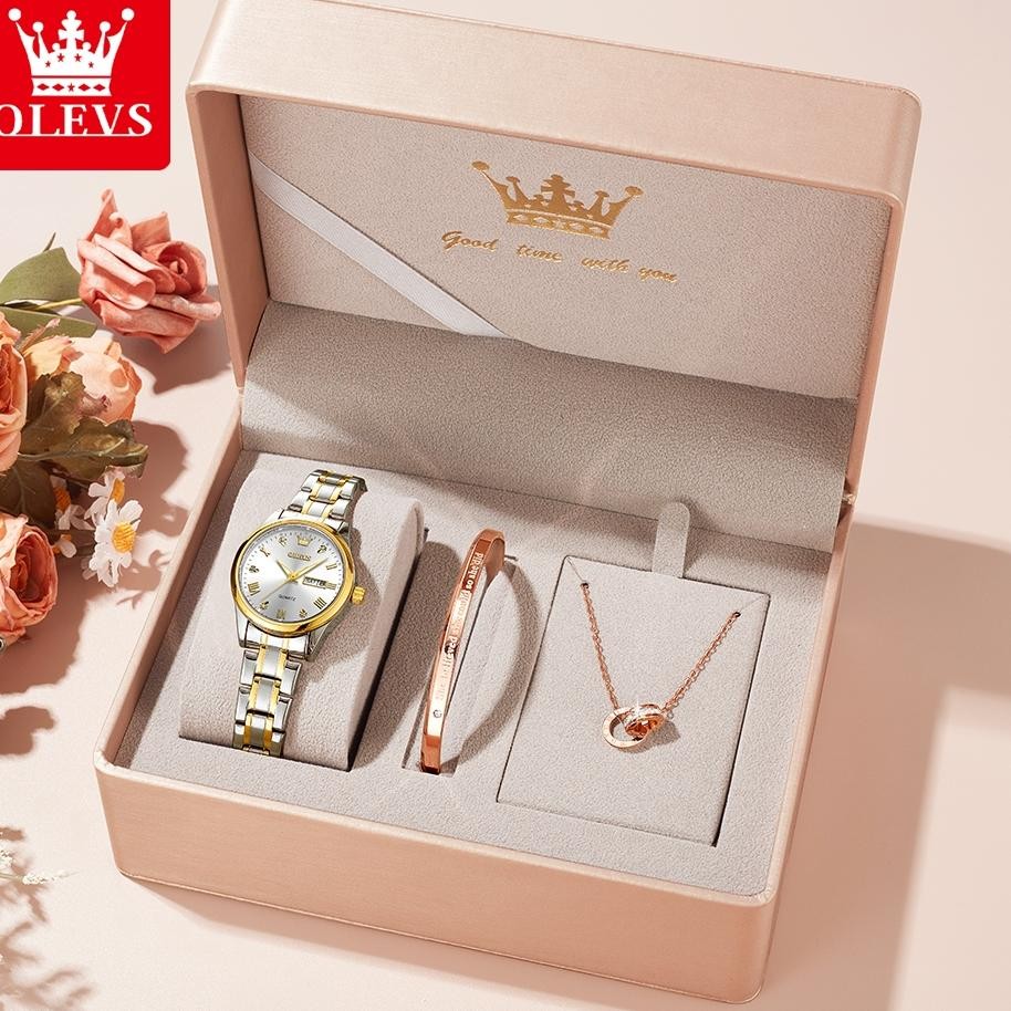 Olevs Jam Tangan Wanita Anti Air Anti Karat Set Kalung Gelang Bercahaya Kalender Watch 5563