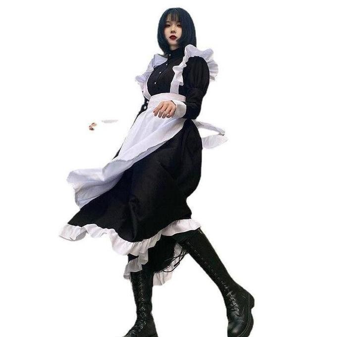 Ready  WetrosePria Wanita Memakai Cosplay Lucu Jepang Lolita Anime Pembantu Loli Hitam Panjang Gaun 