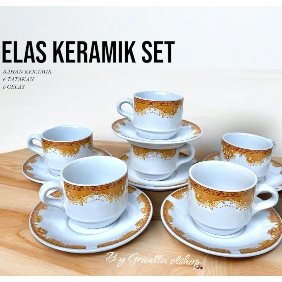1 Set Gelas Keramik Luy Motif Mahkota Emas Isi 12 Pcs 6 Gelas6 Tatakan Terlaris