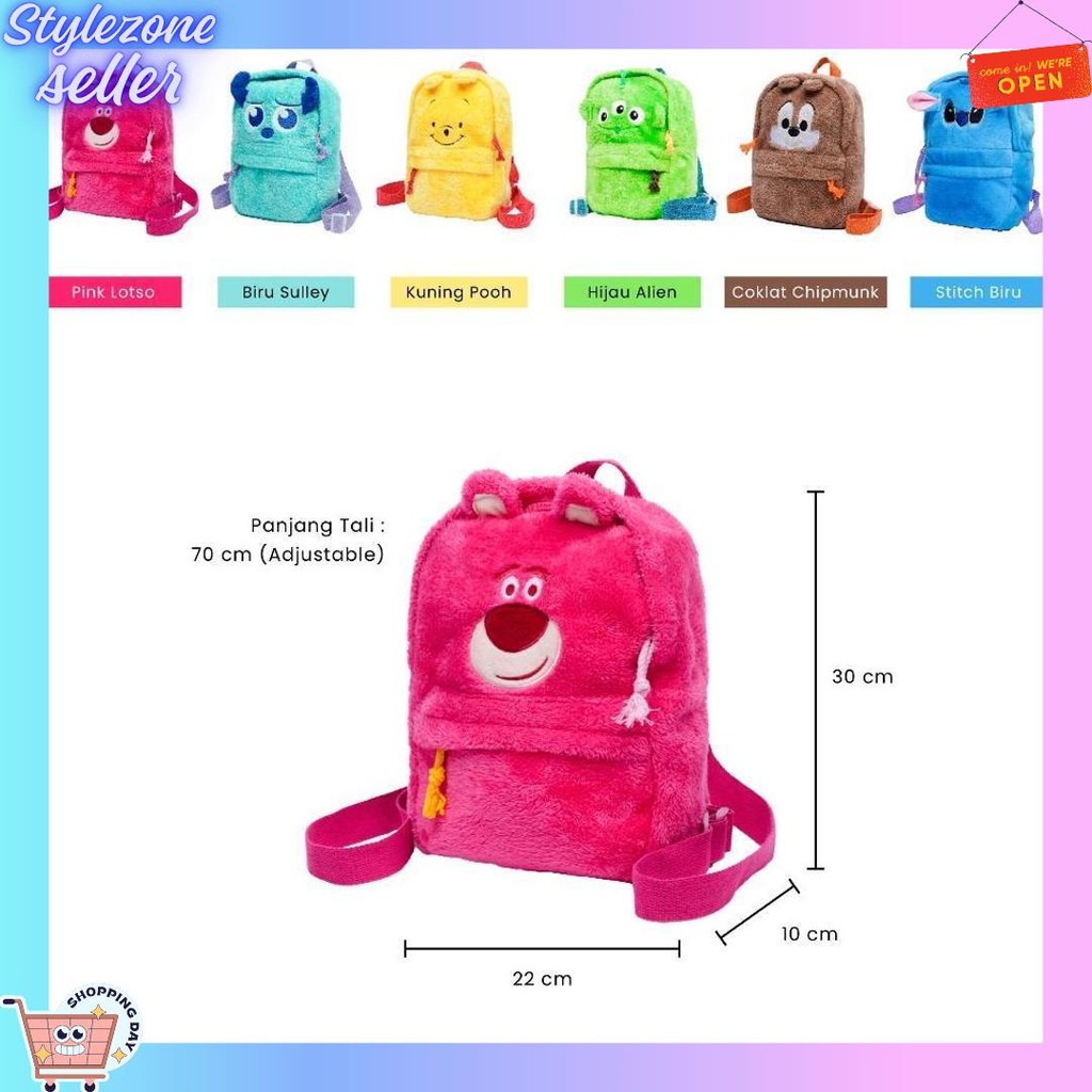 BOO Tas Ransel Disney Plushie Karakter Lotso Monster Mini Inc Pooh Backpack Viral Bulu Lucu Kecil Wa