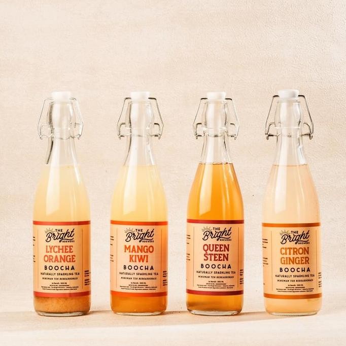 READY STOCK KOMBUCHA TEH FERMENTASI THE BRIGHT BREWERS BUNDLE 4 BOTOL 500 ML - LYCHEE ORANGE - MANGO