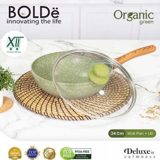 TERMURAH - BOLDE O~TW92DL ORGANiC GREEN CERAMiC WOK PAN + LiD 24 Cm Wajan Penggorengan Masak Keramik