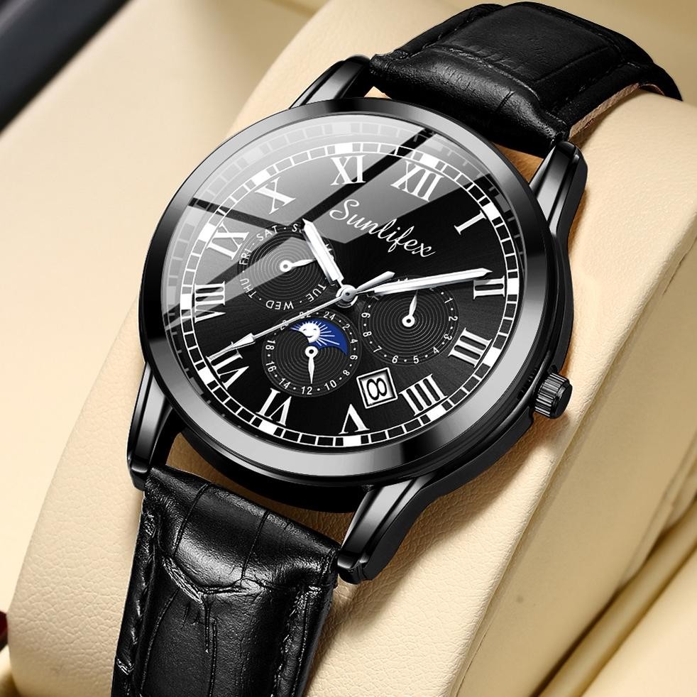 Best Sunlifex Jam Tangan Pria 7003 Kalender Kuarsa Santai Bisnis Tali Kulit Jam Tangan Cowok 