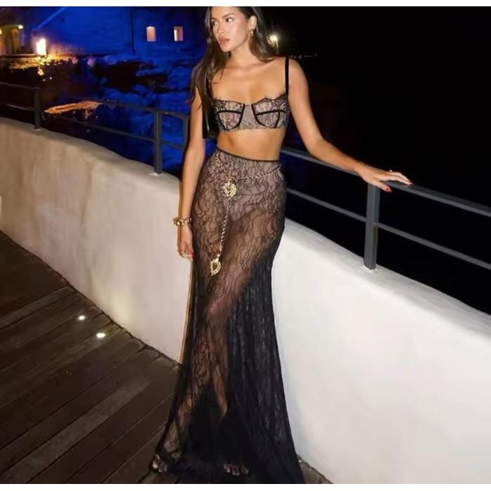 Mela Lace Outer Set Crop Top + Maxi Skirt Woman Premium / Korean Summer Set / Beachwear Bali / Setel