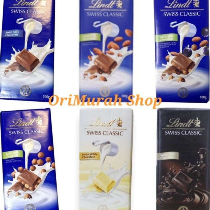 Lindt Swiss Classic Chocolate Milk Almond Hazelnut Raisin White Dark 100 Gram Coklat Susu Putih Hita