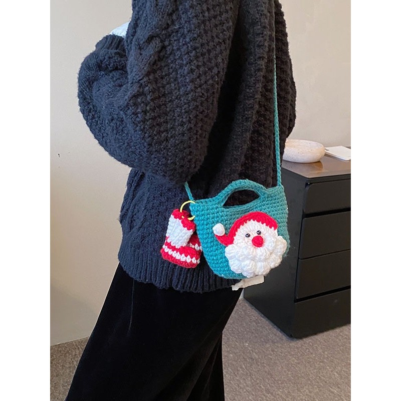 [Amy]Tas lucu mini rajutan warna kontras Natal wanita lipstik dompet koin tas selempang