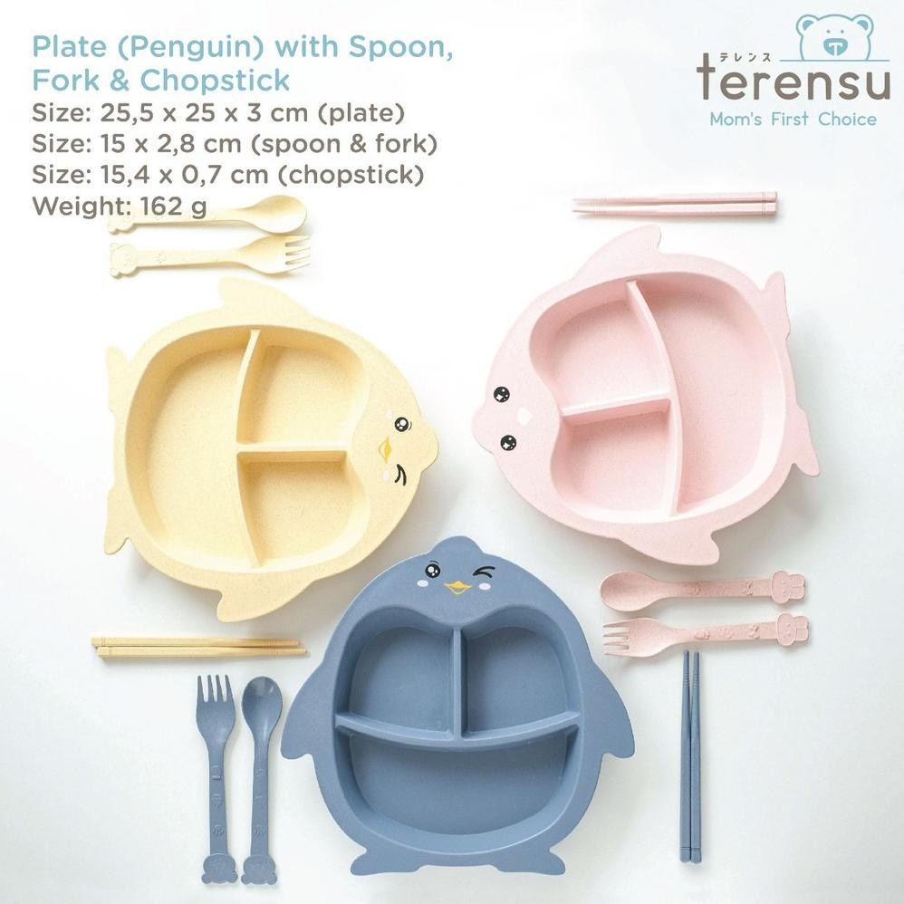 Big Sale - terensu Piring Makan Anak + Sendok Garpu Sumpit Motif Pinguin Set Perlengkapan Makan