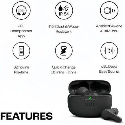 Jb.L Wave 200Tws True Wireless Earbuds Water & Dust Resistant, Up To 15 Hours Of Battery Life Real S