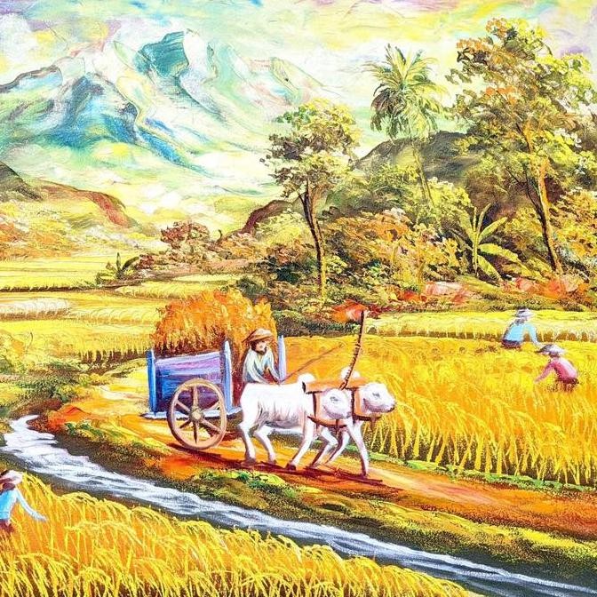 Lukisan Pemandangan Sawah Pedesaan 60x80 Lukisan Kanvas Ruang Tamu Nuansa Alam