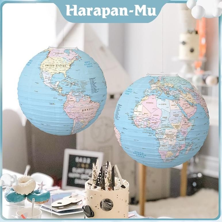 UGNDA 1Pasang Kertas Gantung Peta Dunia / LED Lampion Kertas Gantung / Globe Bola Dunia Lampion